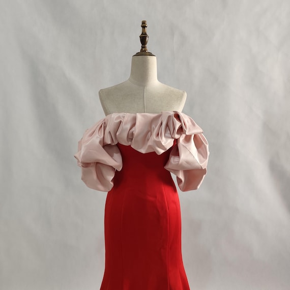 open lace back dress Long Red Prom Dresses A-Line V-Neck Off The Shoulder Long Stretch Sati main image 0