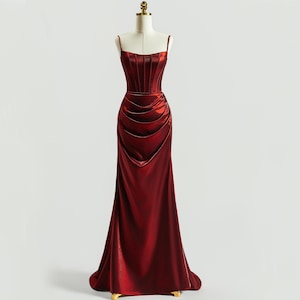 Könnte beinhalten: Ein bodenlanges, bordeauxfarbenes Abendkleid auf einer Schneiderpuppe. Das Kleid hat ein eng anliegendes Oberteil mit dünnen Trägern und einen drapierten, gerafften Rock. Der Stoff hat einen Satin-Glanz, und das Kleid wird vor einem schlichten, weißen Hintergrund präsentiert.