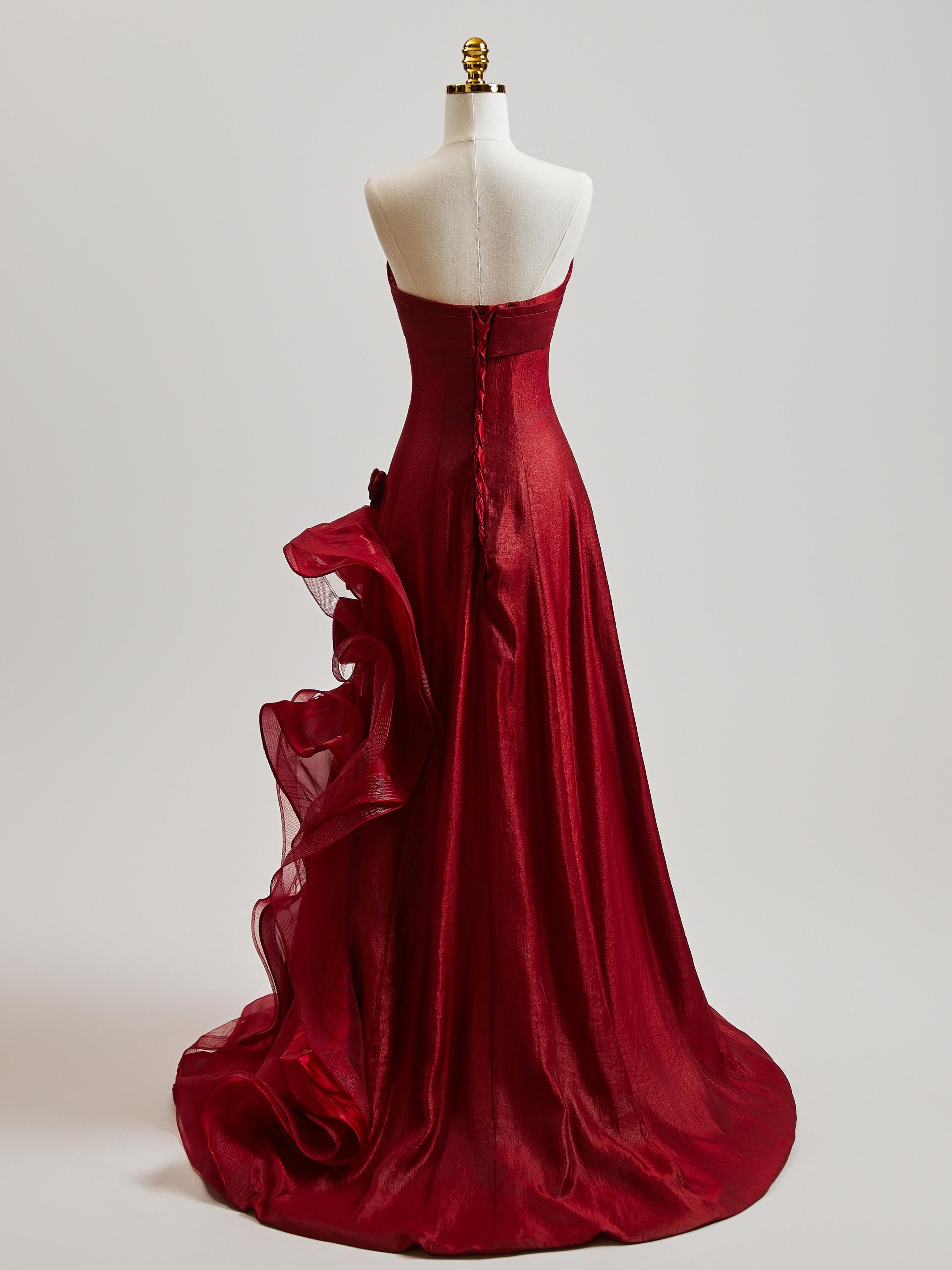 Elegant Strapless Red Evening Gown With Organza Skirt, Red Prom Dress ...