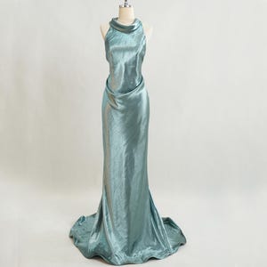 Elegant Blue Metallic Evening Gown - Plain Formal Dress for Women, Long Prom Dress, Mermaid Prom Dress, Halter Prom Dress with Open Back