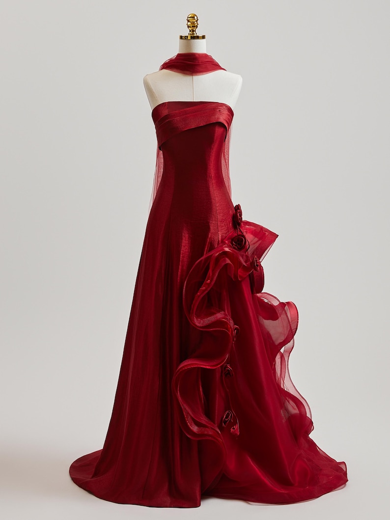Elegant Strapless Red Evening Gown With Organza Skirt, Red Prom Dress ...