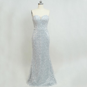 Glamorous Strapless Sequin Evening Gown - Perfect for Formal Events and Red Carpet, Mermaid Prom Dress, Long Prom Dress, Silver Prom Dresses