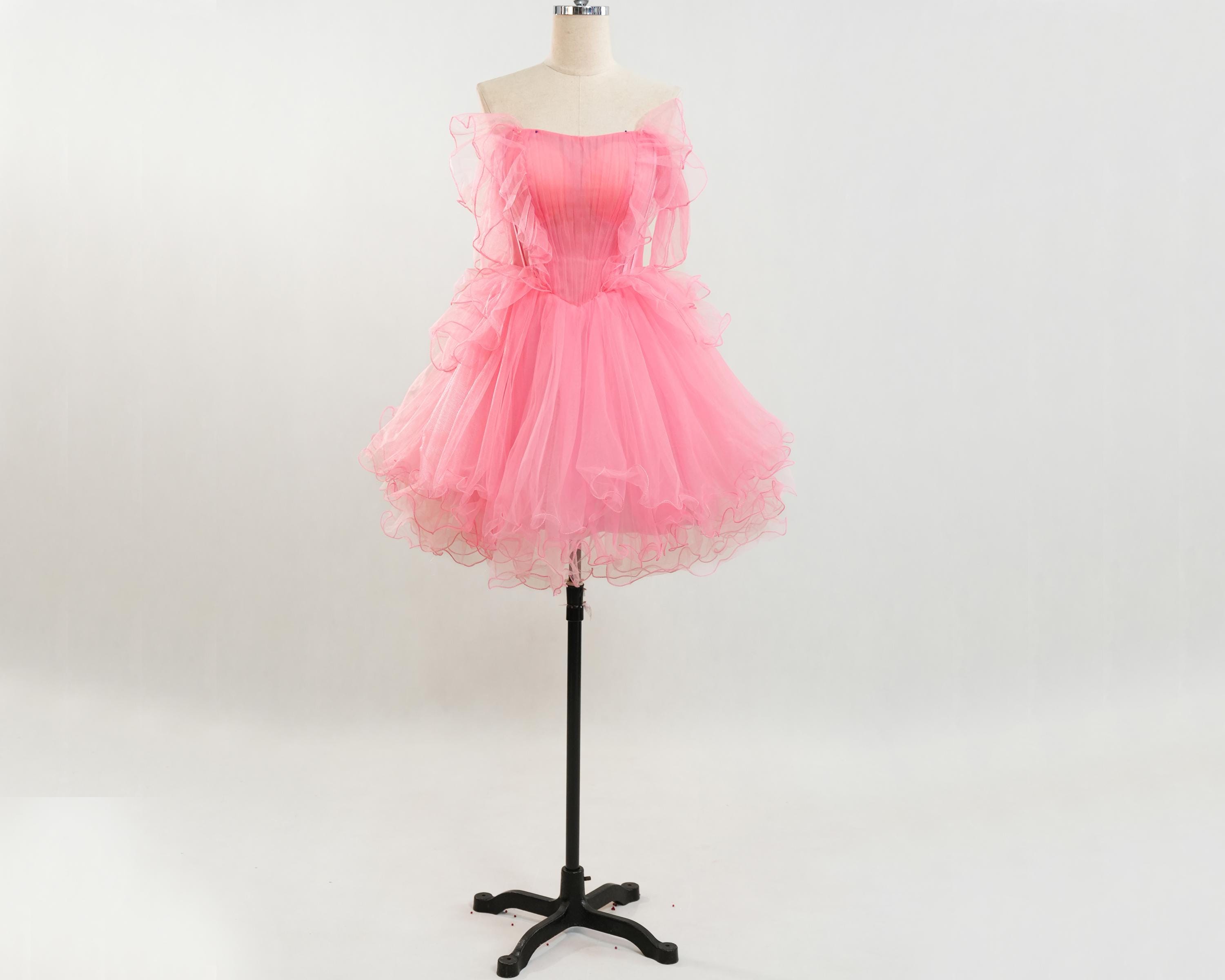 pink off the shoulder tulle dress Pink Tulle Off-shoulder Tea Length Formal Dress