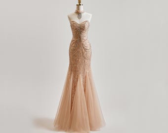Elegante vestido de fiesta de sirena con cuentas, sin tirantes y cola, lujoso vestido de novia para bodas perfectas, vestidos de fiesta, vestidos de noche, vestidos formales.