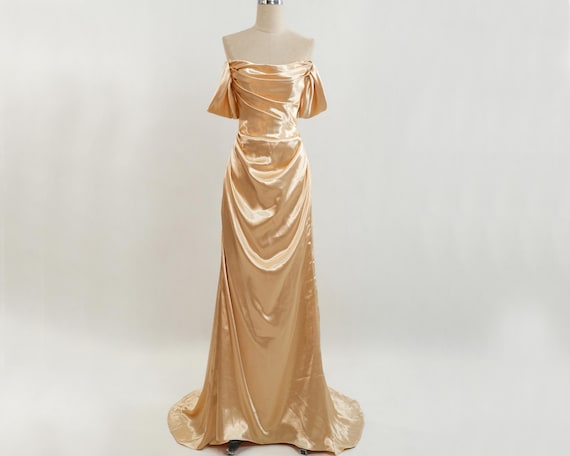 Chic Off-shoulder Gold Satin Evening Gown - Elegant Formal Dress for Women, Long Prom Dress, Mermaid Prom Dress, Gold Wedding Dress - Etsy UK Chic Off-shoulder Gold Satin Evening Gown - Elegant Formal Dress for Women, Long Prom Dress, Mermaid Prom Dress, Gold Wedding Dress - Etsy UK