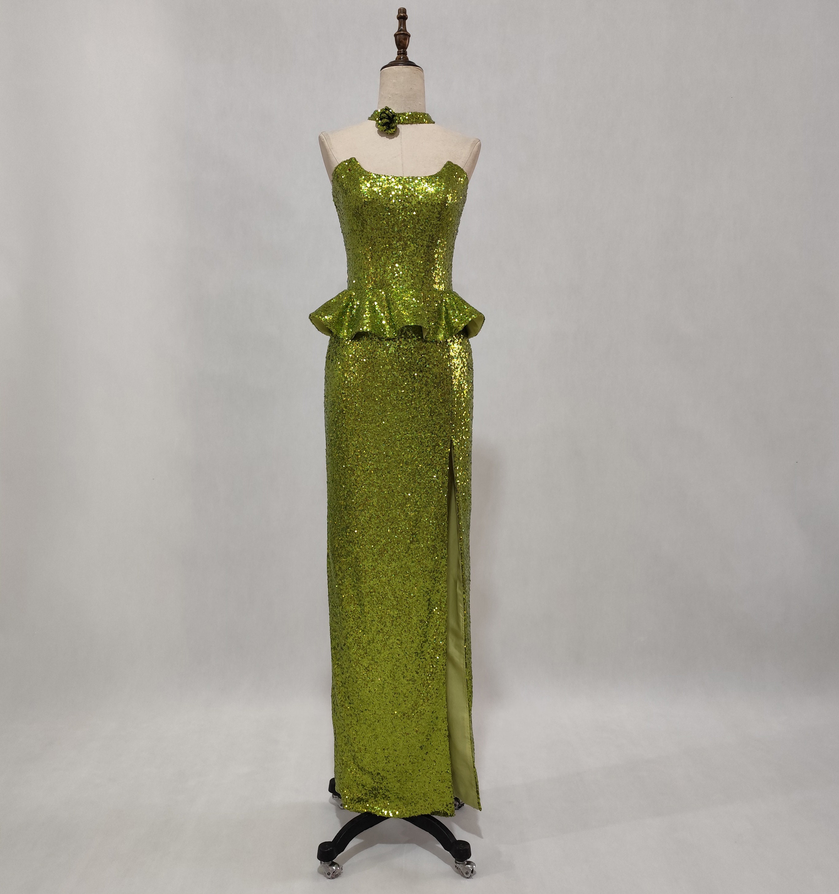 Avocado Green Prom Dress with Slit, Long Mermaid Prom Dress, Green Prom Dress with Detachable Halter Neckline, Colored Wedding Dresses Avocado Green Prom Dress with Slit, Long Mermaid Prom Dress, Green Prom Dress with Detachable Halter Neckline, Colored Wedding Dresses