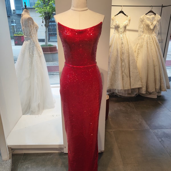 Sparkly Sequined Red Prom Dress with Slit, Mermaid Prom Dresses, Long Strapless Prom Dress, Formal Evening Gown, Colored Wedding Dresses