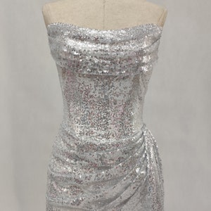 Langes Meerjungfrau-Kleid mit abnehmbaren Schulterärmeln, silbernes Abendkleid mit Schlitz, Pailletten-Abendkleid, glitzerndes Brautkleid