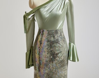 Vestido de fiesta de un solo hombro con una manga desmontable, vestido de fiesta largo estilo sirena, vestido de fiesta con lentejuelas, vestido de novia de colores, vestido de noche