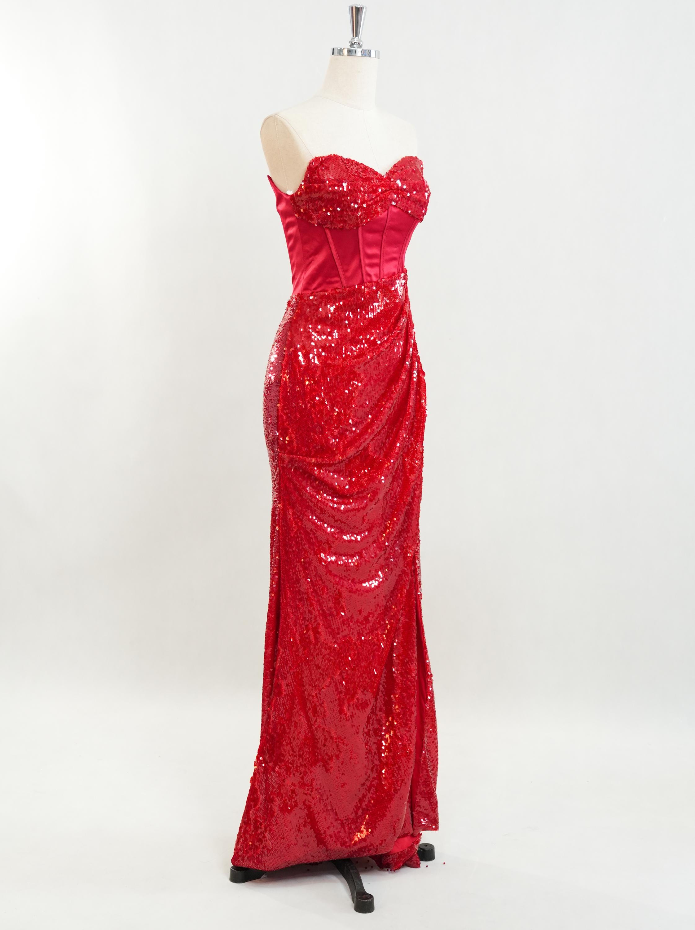 knee length dresses for ladies Wedtrend Women Sparkly Red Prom Dress Mermaid Strapless Sequins Long Evening Party Dress with Slit, Red / US14