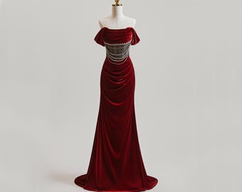 Dark Red Prom Dress, Mermaid Prom Dress, Long Prom Dress wit Off Shoulder Straps, Evening Dresses with Sheer Bodice, Colored Wedding Gown