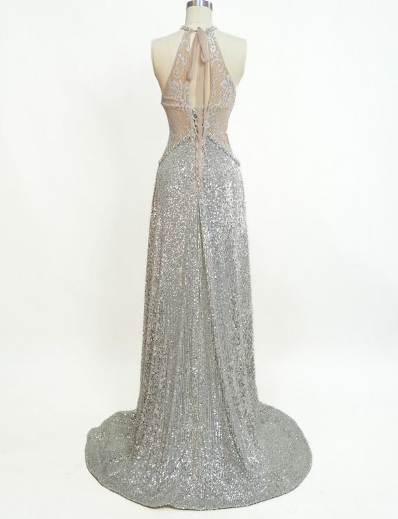 open lace back dress Blue Sequin Mermaid Prom Dresses Bow-Tie Halter Neck Evening Dress 24406 Blue / 20W main image 1