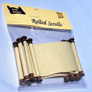 May include: A package of rolled scrolls. The scrolls have light tan paper and are held by wooden dowels with dark brown finials. The packaging reads "Scrolls Unlimited" and "All Occasion Rolled Scrolls". The scrolls are handcrafted in the USA.