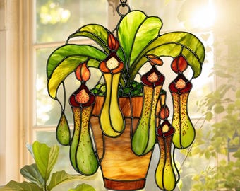 Nepenthes Hängepflanze Glasmalerei, hängende Kunstdekoration für Pflanzen, botanisches Wohndekor, fleischfressender Sonnenfänger, einzigartiges Geschenk für Pflanzenliebhaber