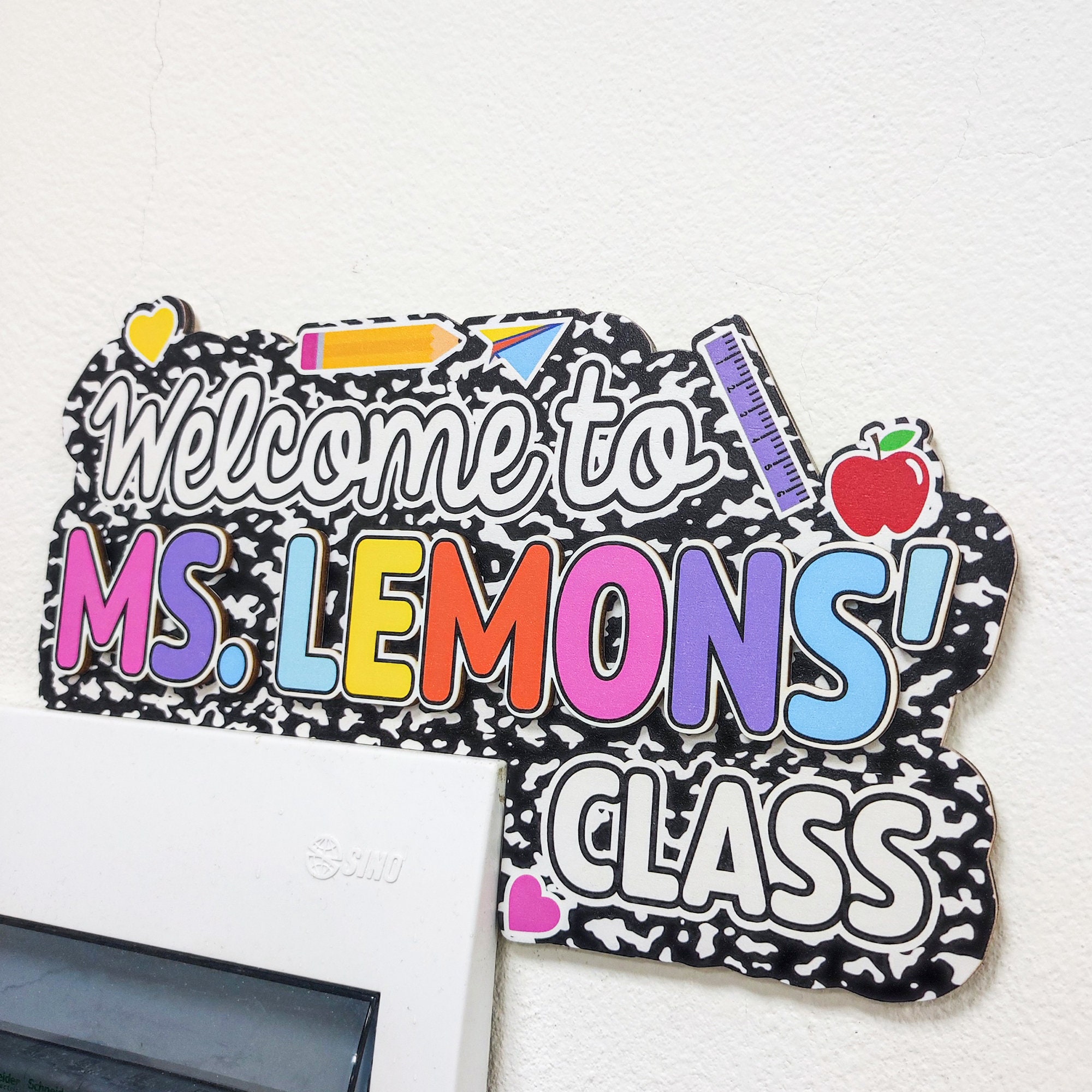 Personalized Notebook Theme Doorframe Sign, Custom 3D Teacher Name Door Corner Sign, Classroom Decor Gift, Back To School Gift