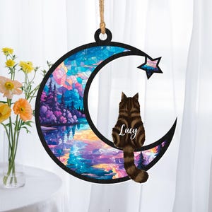 Custom Cat On Moon Loss of Pet Sympathy Gift, Gift for Cat Lovers, Custom Cat Memorial Suncatcher, Engraved Cat Lovers, Cat Memorial Gift