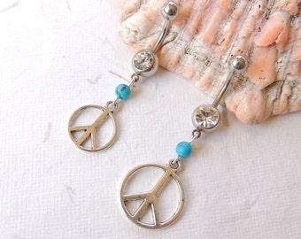 Peace Sign Belly Button Ring with Turquoise Bead, Belly Button Jewelry, Long Dangle Belly Ring, Peace Love Hippie Jewelry