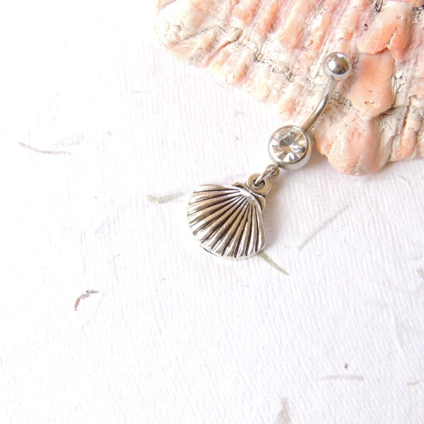 Seashell Belly Ring You Choose Finish, Belly Button Jewelry, Dangle Belly Ring, Nautical Beach Ocean, 14g Barbell