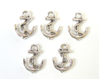Antique Silver Tone Double Sided Anchor Charms 5pcs, Nautical Jewelry Supplies, Nautical Beach Charms, Jewelry Making Supply Charms.