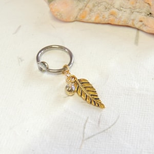 Gold Leaf Cartilage Hoop Earring with Iridescent AB Beads, CBR Captive Bead Ring, Helix Earring, Leaf Cartilage Hoop