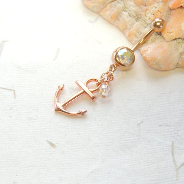 Rose Gold Anchor Belly Ring, Belly Button Jewelry, Cute Belly Ring, Nautical Beach Ocean Belly Ring, Rose Gold Belly Rings