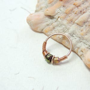 Wire Wrapped Green Rose Gold Beaded Hoop Earring, Nose Hoop, Cartilage Hoop Earring, Tragus Helix Orbital Cartilage Hoop Earring