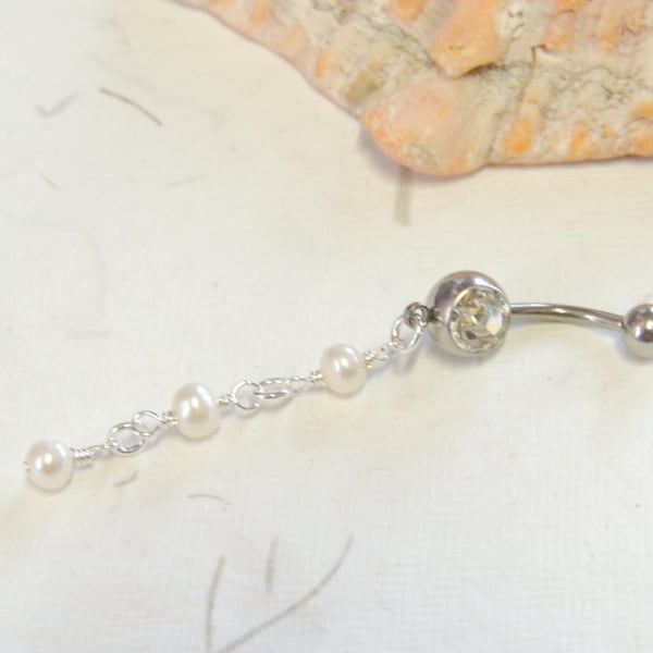 Pearl Dangle Belly Ring, Belly Button Jewelry, Dangle Belly Ring, White Pearl Belly Ring