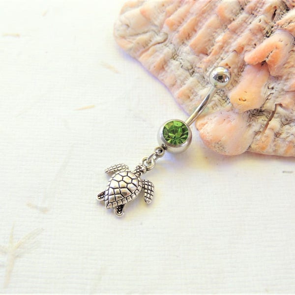 Turtle Belly Ring You Choose Barbell Color, Silver Belly Rings, Body Jewelry, Dangle Belly Ring, Turtle Jewelry