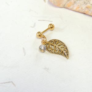 Golden Filigree Leaf Tragus Helix Barbell, 16g Barbell, Helix Earring, Cartilage Earring, Leaf Barbell