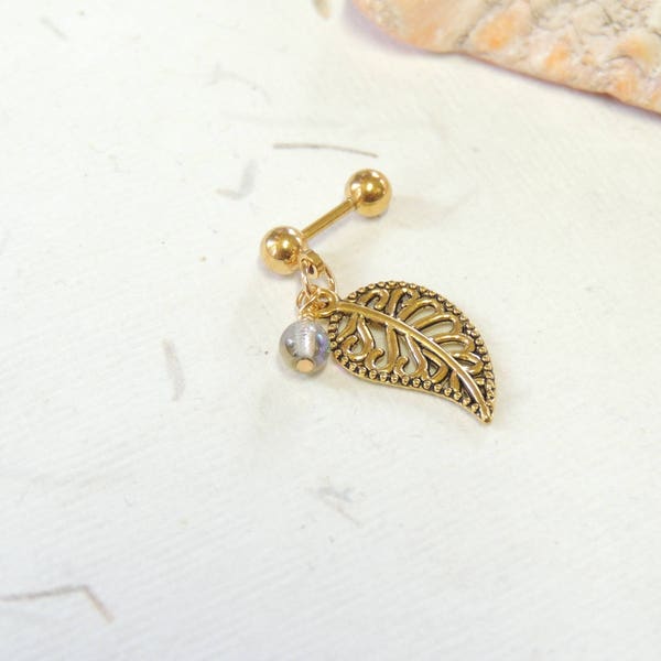 Golden Filigree Leaf Tragus Helix Barbell, 16g Barbell, Helix Earring, Cartilage Earring, Leaf Barbell