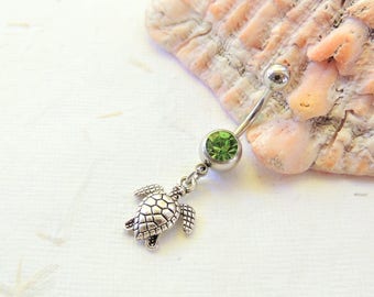 Turtle Belly Ring You Choose Barbell Color, Silver Belly Rings, Body Jewelry, Dangle Belly Ring, Turtle Jewelry