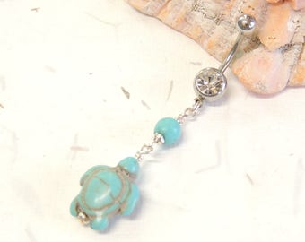 Sea Turtle Belly Button Ring, Dangle Belly Ring, Turquoise Turtle, Cute Belly Ring, Nautical Beach Jewelry, Turtle Body Jewelry
