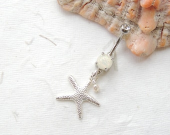 Starfish Belly Button Ring with Glitter Opal Barbell, Dangle Belly Ring, Silver Starfish, Charm Belly Ring, Nautical Beach