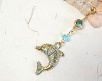 Dolphin Belly Ring, Belly Button Jewelry, Long Dangle Belly Ring, Nautical Beach Ocean, Gold Belly Ring