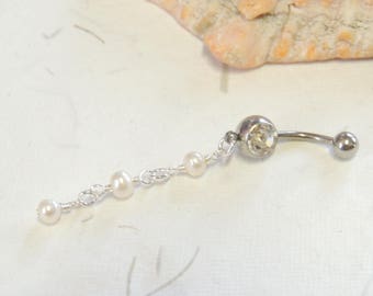 Pearl Dangle Belly Ring, Belly Button Jewelry, Dangle Belly Ring, White Pearl Belly Ring