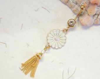 Daisy Flower Belly Ring with Golden Tassel, Long Dangle Belly Ring, Gold Belly Ring, Tassel Belly Ring, Flower Belly Ring
