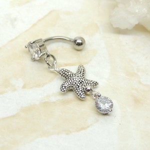14g Starfish Reverse Dangle Belly Ring, Top Down Belly Navel Ring, Belly Button Jewelry, Nautical Beach Ocean