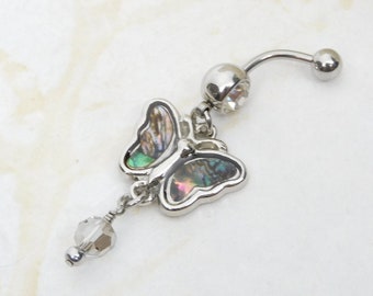 Abalone Butterfly Belly Ring, Belly Button Jewelry,  Butterfly Jewelry, 14g Surgical Steel
