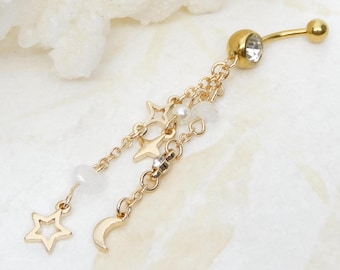 Moon & Star Long Dangle Belly Ring, Celestial Belly Ring, Body Jewelry, Gift for Her, Navel Jewelry