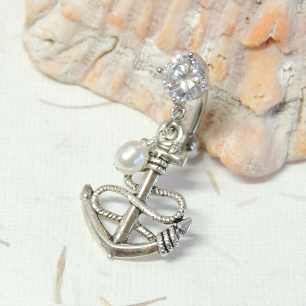 Anchor Belly Button Ring, 14g 16g Reverse Dangle Belly Ring, Belly Button Jewelry, Cute Belly Ring, Nautical Beach Ocean