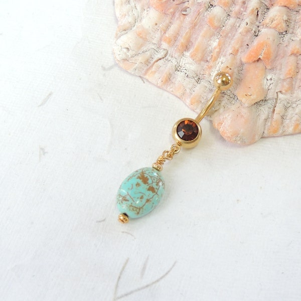 Turquoise Dangle Belly Button Ring, Turquoise Belly Ring, Gold Belly Ring, Tribal Belly Ring
