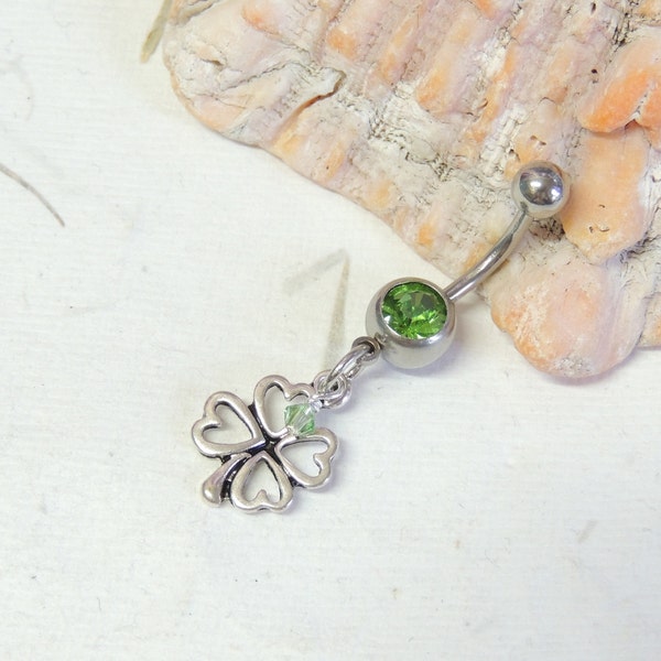 Clover Belly Button Ring You Choose Color, Belly Button Jewelry, Lucky Four Leaf Clover Belly Ring, Irish St.Pattys Day