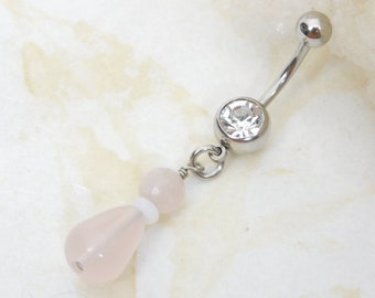 Rose Quartz Teardrop Belly Ring, Natural Stone Belly Ring, Handcrafted Body Jewelry, 14g Surgical Steel