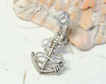 Anchor Belly Button Ring, 14g 16g Reverse Dangle Belly Ring, Belly Button Jewelry, Cute Belly Ring, Nautical Beach Ocean