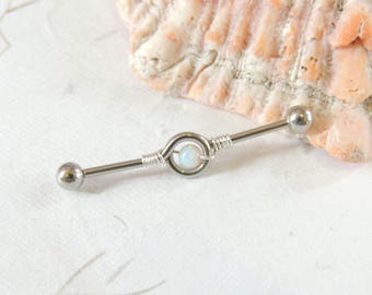 Wire Wrapped Opal Industrial Barbell You Choose Color, Opal Barbell, Scaffold Ear Earring, 14g Barbell, Industrial Bar