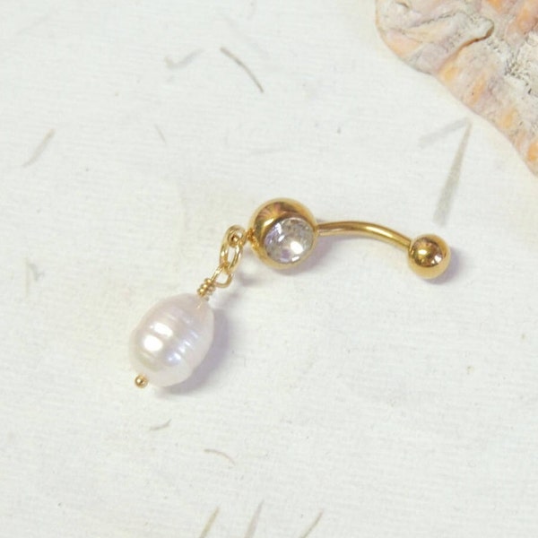 White Pearl Belly Ring You Choose Finish, Belly Button Jewelry, Dangle Belly Ring, Nautical Beach Ocean, Gold Belly Ring