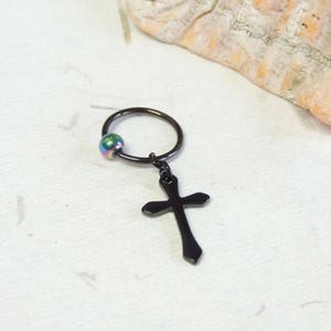 Black Cross Cartilage Hoop Earring, Hematite Cartilage Hoop, CBR Captive Bead Rings, Tragus Helix Daith Ring, 16g Hoop, Black Hoop
