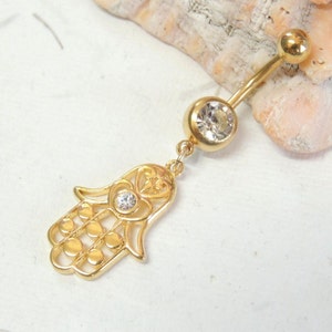 Gold Hand Belly Ring, Gold Hamsa Hand Belly Ring, Belly Button Jewelry, Navel Rings