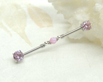 Industrial Piercings Pink Gem Wire Wrapped Industrial Barbell Scaffold Ear Earring 14g Surgical Steel Body Jewelry