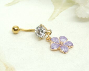 316L Surgical Steel 10mm Bar Handmade LilacPurple Flower Bohemian Dangle Belly Bar Navel Ring